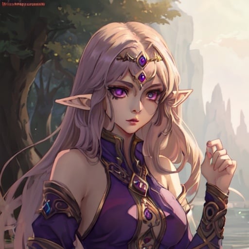 Prompt: female half elf character, she has violet eyes, she has long reddish brown wavy hair, she has tanned skin, she has black eye brows and eye lashes, She is very goddess like, fantasy character art, illustration, dnd,