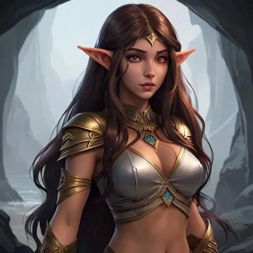 Prompt: female half elf character, she has violet eyes, she has long reddish brown wavy hair, she has tanned skin, she has black eye brows and eye lashes, She is very goddess like, fantasy character art, illustration, dnd,