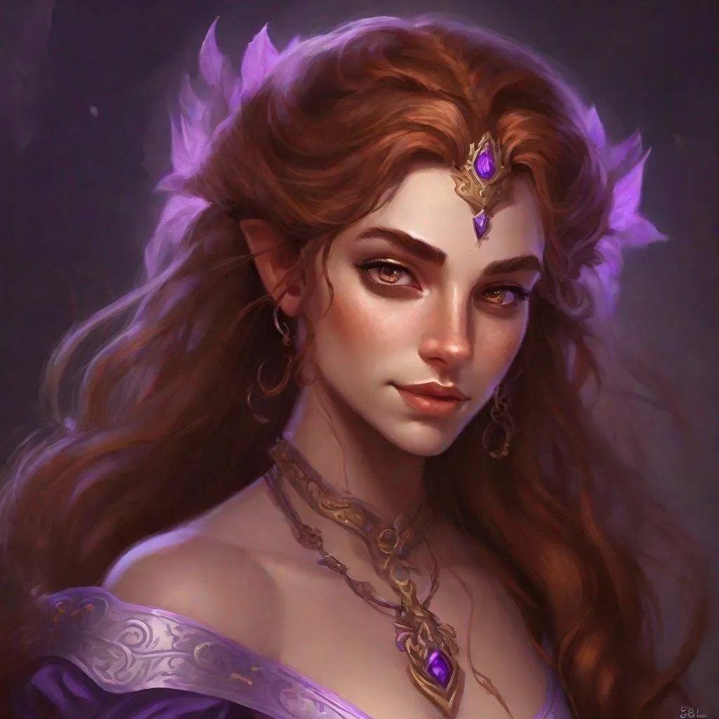 Prompt: Rococo era portrait of female half elf character, she has violet eyes, she has long reddish brown wavy hair, she has tanned skin, she has black eye brows and eye lashes, She is very goddess like, fantasy character art, illustration, dnd, oil painting, luxurious clothing