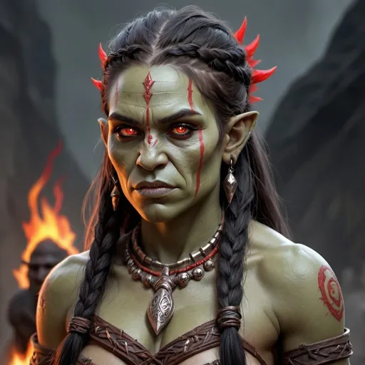 Prompt: hyper-realistic female orc character, she is tall, she is a goddess of fire, Very tribal looking, She is beautiful, she has red eyes, She has long hair that hangs down in one braid, She has multiple piercing, She has red tribal tattoos all over her body
, fantasy character art, illustration, dnd,, fantasy character art, illustration, dnd, 