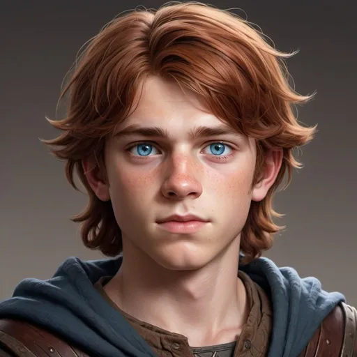 Prompt: hyper-realistic 14 year old human male, Robb's appearance favors his Tully side, with a stocky build, blue eyes, and thick red-brown hair. He is strong and fast. He opens the series as a boy of fourteen years., fantasy character art, illustration, dnd, 