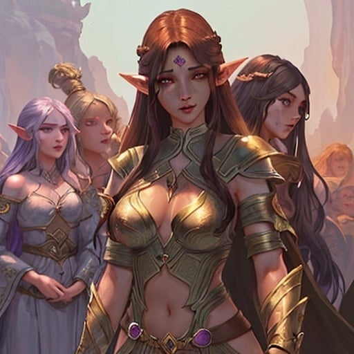 Prompt: female half elf character, she has violet eyes, she has long reddish brown wavy hair, she has tanned skin, she has black eye brows and eye lashes, She is very goddess like, fantasy character art, illustration, dnd,