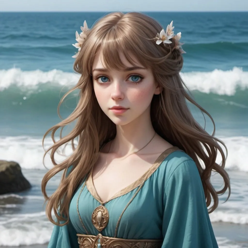 Prompt: Full body, human women. She has medium length mousy brown hair with wispy bangs. She has a very round face. She has eyes the color of the ocean. She has peachy pale skin. She is average height, she is a little over weight, not curvy, she is wearing an ocean blue medieval goddess dress, She is the goddess over water and ocean, high quality, rpg-fantasy, detailed, ocean shore background