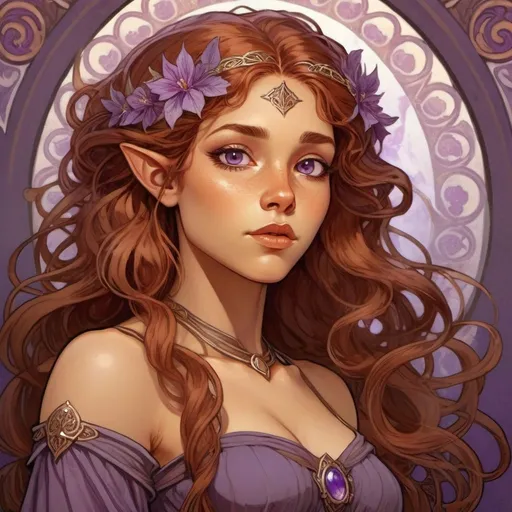 Prompt: female half elf character, she has violet eyes, she has long reddish brown wavy hair, she has tanned skin, she has black eye brows and eye lashes, She is very goddess like, fantasy character art, illustration, dnd,