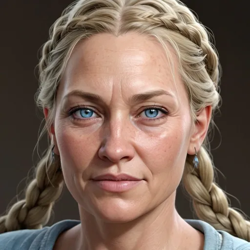 Prompt: hyper-realistic human female, She is in her 50's, She is tall, Blonde braided hair, She has a simple but nice face, very plain looking, skin has started to wrinkle and have sun spots on it, she is kind, she got obese in her older age, she has ice blue eyes
, fantasy character art, illustration, dnd,