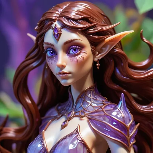 Prompt: A detailed and vibrant transparent glass sculpture of female half elf character, she has violet eyes, she has long reddish brown wavy hair, she has tanned skin, she has black eye brows and eye lashes, She is very goddess like, fantasy character art, illustration, dnd, intricate details, surreal, colorful background