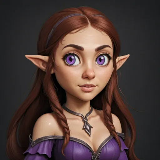 Prompt: female half elf character, she has violet eyes, she has long reddish brown wavy hair, she has tanned skin, she has black eye brows and eye lashes, She is very goddess like, fantasy character art, illustration, dnd,