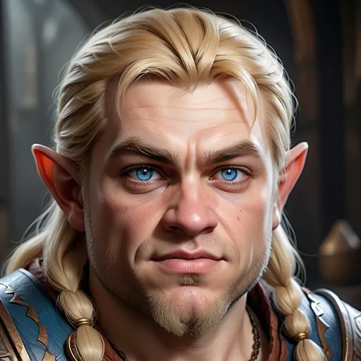 Prompt: hyper-realistic male dwarf, He has very short blonde hair, he has no beard, he has blue eyes, he has peachy skin, he is very skinny, fantasy character art, illustration, dnd, 