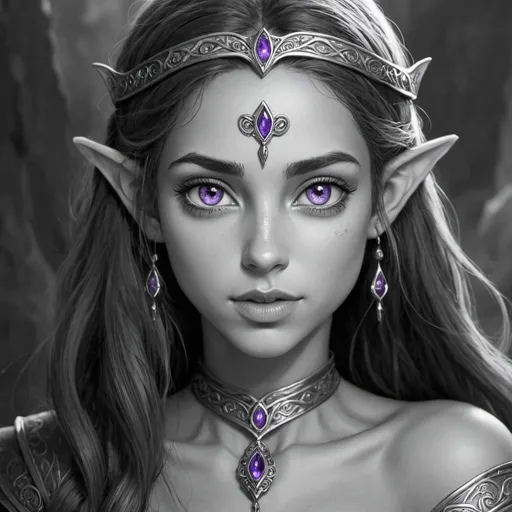 Prompt: female half elf character, she has violet eyes, she has long reddish brown wavy hair, she has tanned skin, she has black eye brows and eye lashes, She is very goddess like, fantasy character art, illustration, dnd,