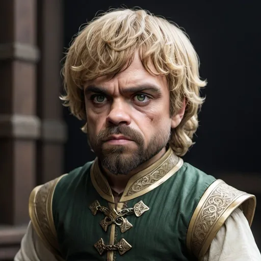 Prompt: hyper-realistic human male, Tyrion is a dwarf with stunted legs, stubby fingers, and a jutting forehead. He has mismatched eyes of green and black, so rumors spread that he has an "evil eye". Tyrion's thin hair is fair and flaxen, so blond it can appear white. He has some strands of black hair, however, and if he grows a beard it is yellow, white, and black.Tyrion's unique stare has been said to make people uncomfortable, which he tries to use to his advantage., fantasy character art, illustration, dnd, 