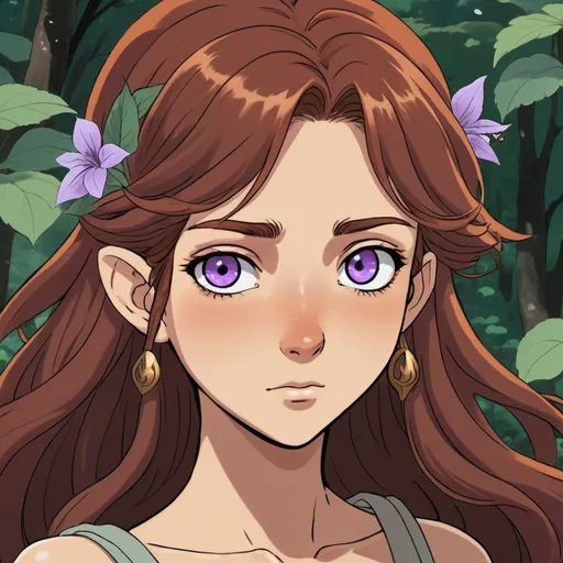 Prompt: 2d studio ghibli anime style, female half elf character, she has violet eyes, she has long reddish brown wavy hair, she has tanned skin, she has black eye brows and eye lashes, She is very goddess like