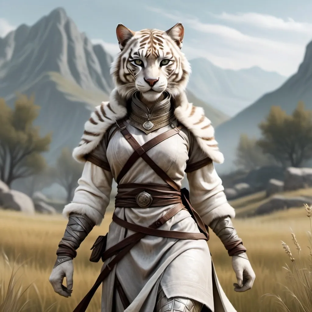 Prompt: Full body, hyper-realistic Khajiit character with white tiger fur, she has light grey eyes, she is skinny but curvy, She is wearing grey medieval travel clothes,  fantasy character art, illustration,  rpg-fantasy, detailed, windy asian like meadow background