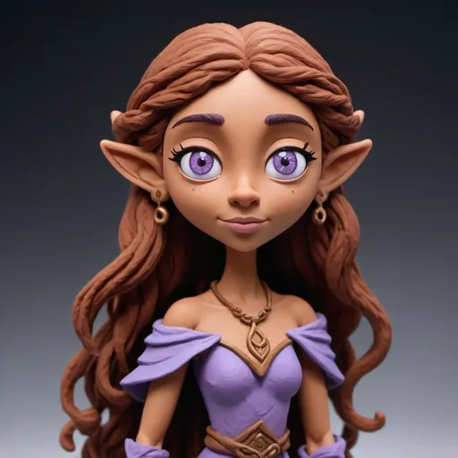 Prompt: claymation female half elf character, she has violet eyes, she has long reddish brown wavy hair, she has tanned skin, she has black eye brows and eye lashes, She is very goddess like, fantasy character art, illustration, dnd, made of clay, high quality animated claymation movie