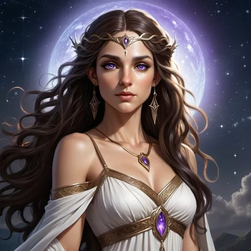 Prompt: hyper-realistic Full body, female half elf character, she is a sorceress, she has violet eyes, she has long dark brown auburn wavy hair, she has tan skin, she has black eye brows and eye lashes, She is very goddess like, she is average height with an hour glass body shape, she is wearing a white grecian goddess like gown, a bright light emanates around her, She is a goddess, high quality, rpg-fantasy, detailed, night sky background
