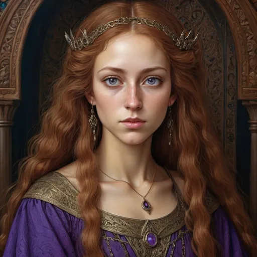 Prompt: Portrait Painting by Van Eyck, amazingly intricate, detailed background, female half elf character, she has violet eyes, she has long reddish brown wavy hair, she has tanned skin, she has black eye brows and eye lashes, She is very goddess like, fantasy character art, illustration, dnd,