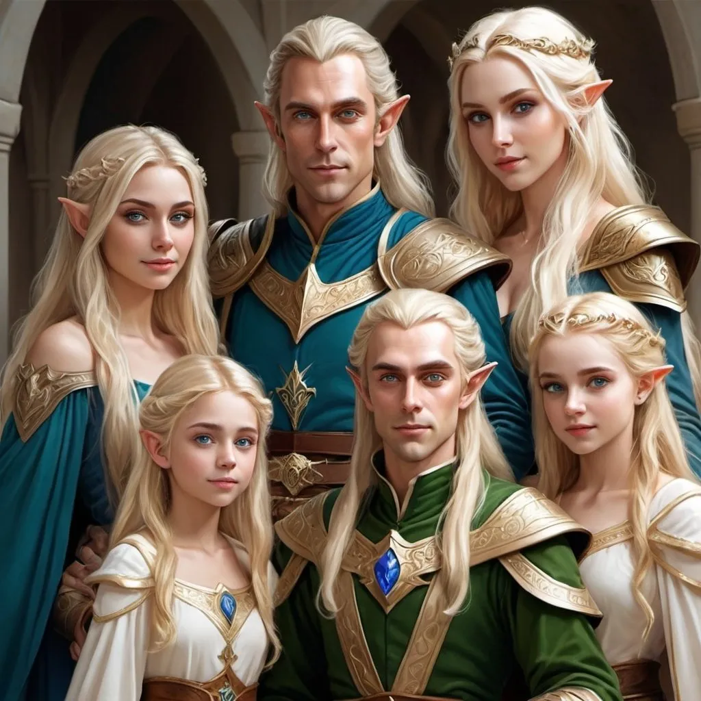 Prompt: hyper-realistic high elf royal family, there is a man, a women, 2 young girls and young one boy. They all have blonde wavy hair, they all have ivory skin, they have green or blue eyes, fantasy character art, illustration, dnd,