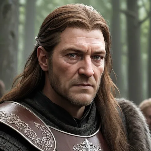 Prompt: hyper-realistic human male, Eddard has a long face and long brown hair. His closely-trimmed beard is beginning to grey, making him look older than his thirty-five years. His dark grey eyes reflect his moods, turning soft as fog or hard as stone. Eddard is shorter and less handsome than his older brother Brandon had been, according to Catelyn Stark; however, she also states that Ned has a "good sweet heart beneath his solemn face". He keeps faith with the old gods. He is fiercely protective of his wife and children, whom he loves deeply, fantasy character art, illustration, dnd, warm tone