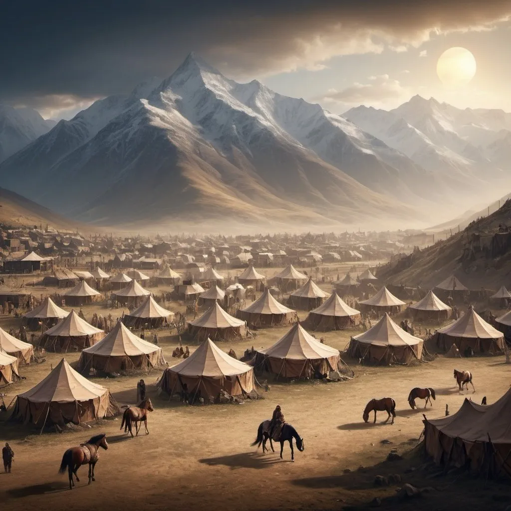 Prompt: nomadic tribal tent city, the people of the city are a horse people, their is a wooden wall around the city, city is on an open field near a mountain range, there are no trees to be seen, dramatic fantasy settlement scene, cinematic lighting