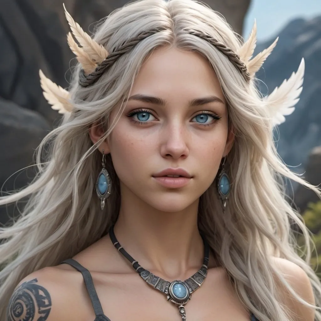 Prompt: hyper-realistic female sky nymph  character, She is very human looking but her skin is like the color of an airy breeze, she has sky colored eyes, She has long wavy ashy blonde hair, The ends of her hair are sky blue grey in color, she is a goddess of wind and sky, She has sky grey tribal tattoos all over her body ,fantasy character art, illustration, dnd,