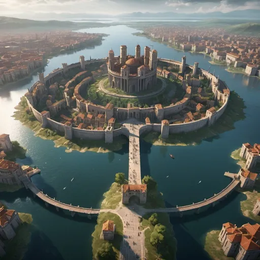 Prompt: large roman like city, city is on a large island in the middle of a large lake, ther is a large castle in the middle of the city on a tall hill, there are 2 large bridges connecting the city to the main land, dramatic fantasy settlement scene, cinematic lighting