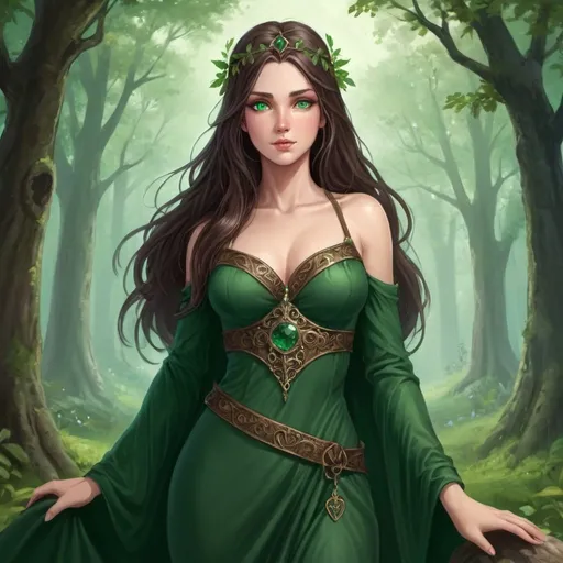 Prompt: Full body, human women She has long dark brown straight hair. She has peachy skin and a round heart shaped face. She has a very sweet and innocent look about her. She has emerald green eyes. she is tall, She is not curvy, she has a smaller chest, she is average in weight, she is wearing a dark green medieval goddess like dress, She is the goddess of the earth and forest, high quality, rpg-fantasy, detailed, forest background
