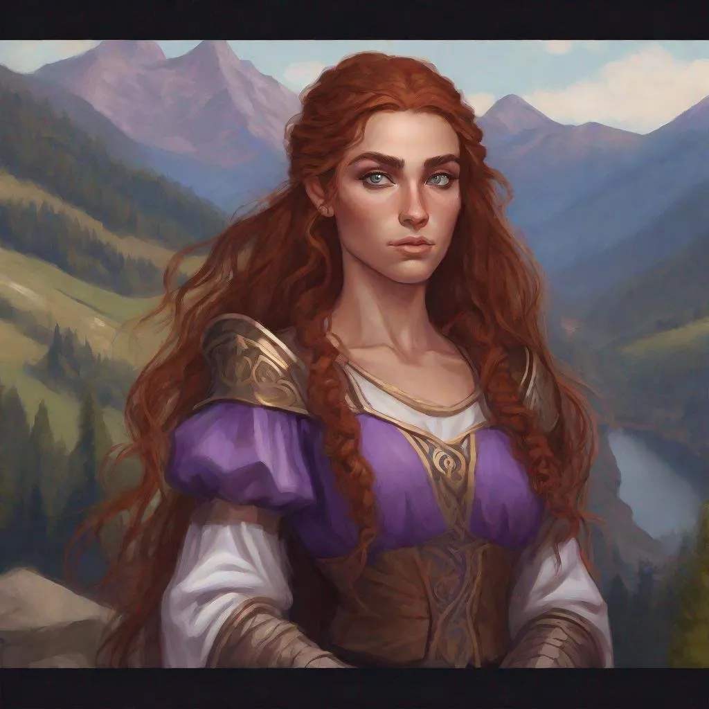 Prompt: A painted portrait of a female half elf character, she has violet eyes, she has long reddish brown wavy hair, she has tanned skin, she has black eye brows and eye lashes, She is very goddess like, fantasy character art, illustration, dnd, in style of Renaissance painter Raphael with mountains in background.