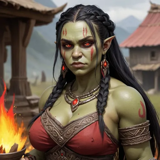 Prompt: Full body, female orc character, she has red eyes, she has long braided black hair with red ends, she has green skin, She is very chubby but also pretty, She has no winkles in her face, She is tall. She is very curvy, she is a goddess of fire. She has a fire ball in her hand,  she is wearing a tribal goddess dress, high quality, rpg-fantasy, detailed,  tribal settlement background