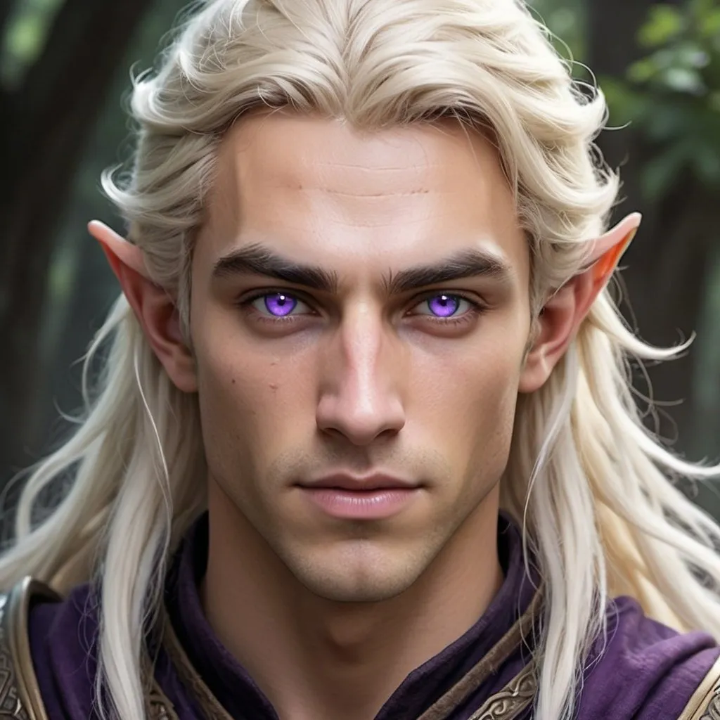 Prompt: hyper-realistic male half elf character, he has violet eyes, he has long ice blonde colored wavy hair, he has tanned skin, he has black eye brows and eye lashes, He godly handsome, He is royalty and a warrior
, fantasy character art, illustration, dnd,