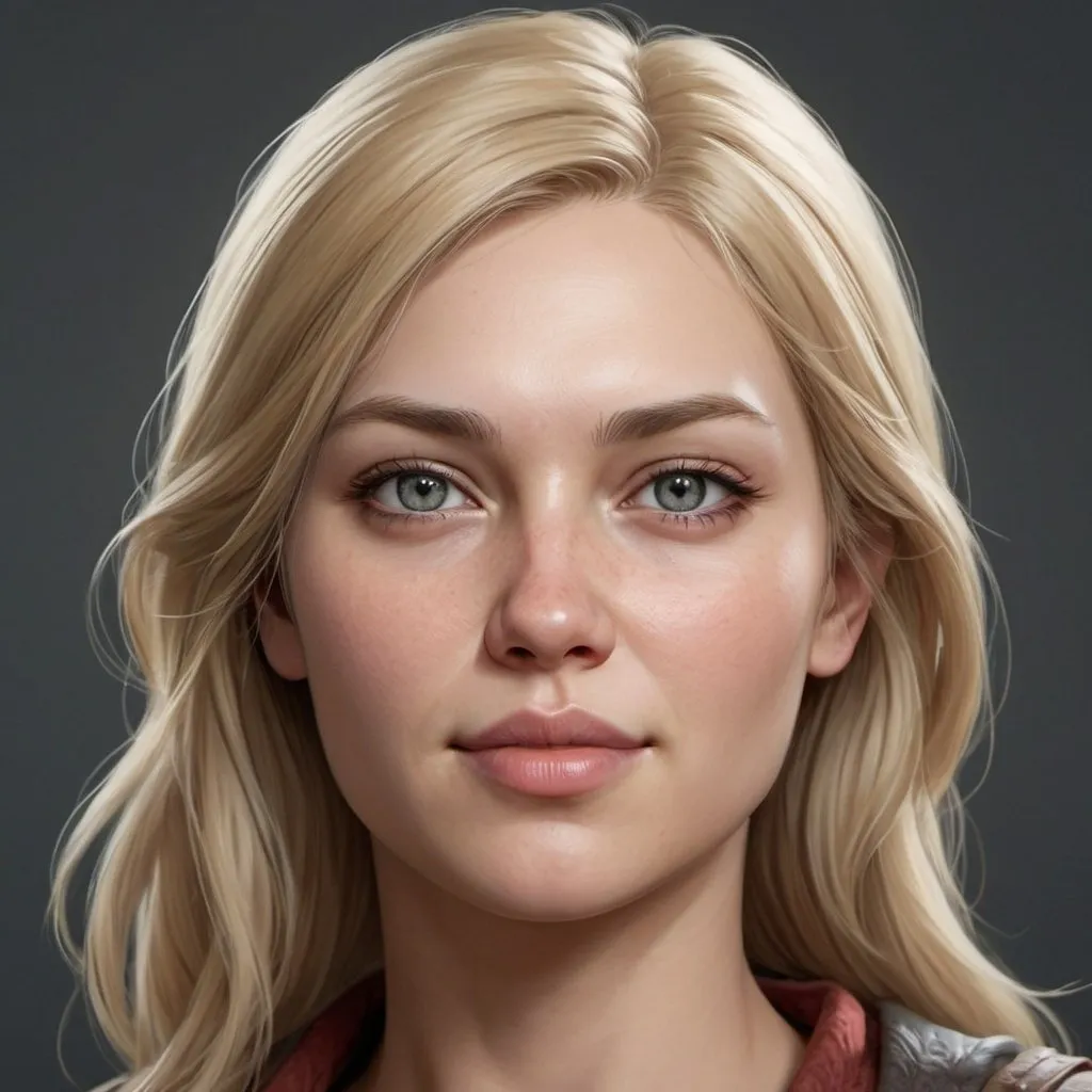 Prompt: hyper-realistic human female around 35 years old, she is tall, she has a long round oval face that is really fat, she has a square jaw line,  she has grey colored eyes, she has fair colored skin, she is plain looking, she has short straight honey blonde hair,  fantasy character art, illustration, dnd,