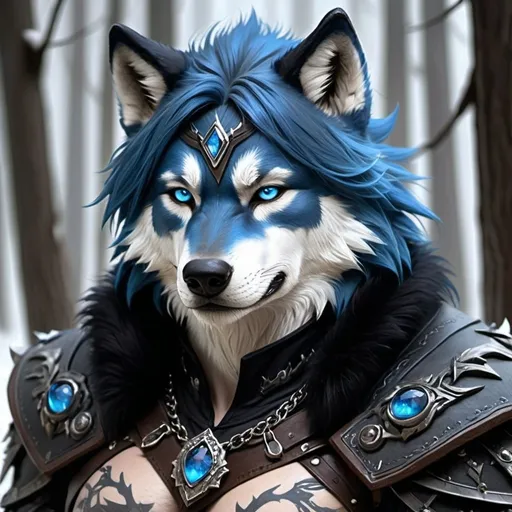 Prompt: hyper-realistic human male wolf hybrid, he has blue human like eyes, and soft but masculine features, he has black fur, he is overall friendly to those he knows, to strangers he does look menacing, he mostly looks like a wolf but has human eyes, he has a fur all over his body, He basically has a wolf like head, human shaped neck and body, fur all over his body, fantasy character art, illustration, dnd, 
