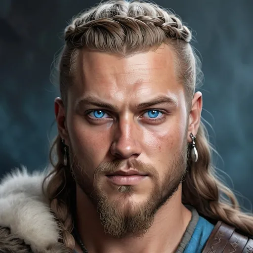 Prompt: hyper-realistic human male, he is a viking, looks like Ragnar Lothbrok, he has dark chocolate cherry hair, he has bright blue eyes, fantasy character art, illustration, dnd, 