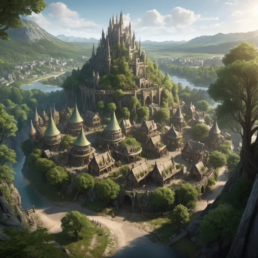 Prompt: large elven city that is built in the trees, has a large elven castle in the middle of the town, town has many shops, market places, many houses, multiple inns, a few stables, there is wall that goes around the city fantasy settlement scene, cinematic lighting