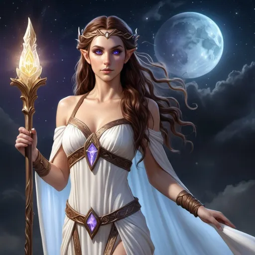 Prompt: Full body, hyper-realistic female elf character, she is a sorceress, she has violet eyes, she has long dark brown auburn wavy hair, she has tan skin, she has black eye brows and eye lashes, She is a goddess of light, she is average height with an hour glass body shape, she is wearing a white grecian goddess like gown, a bright light emanates around her, high quality, rpg-fantasy, detailed, night sky background