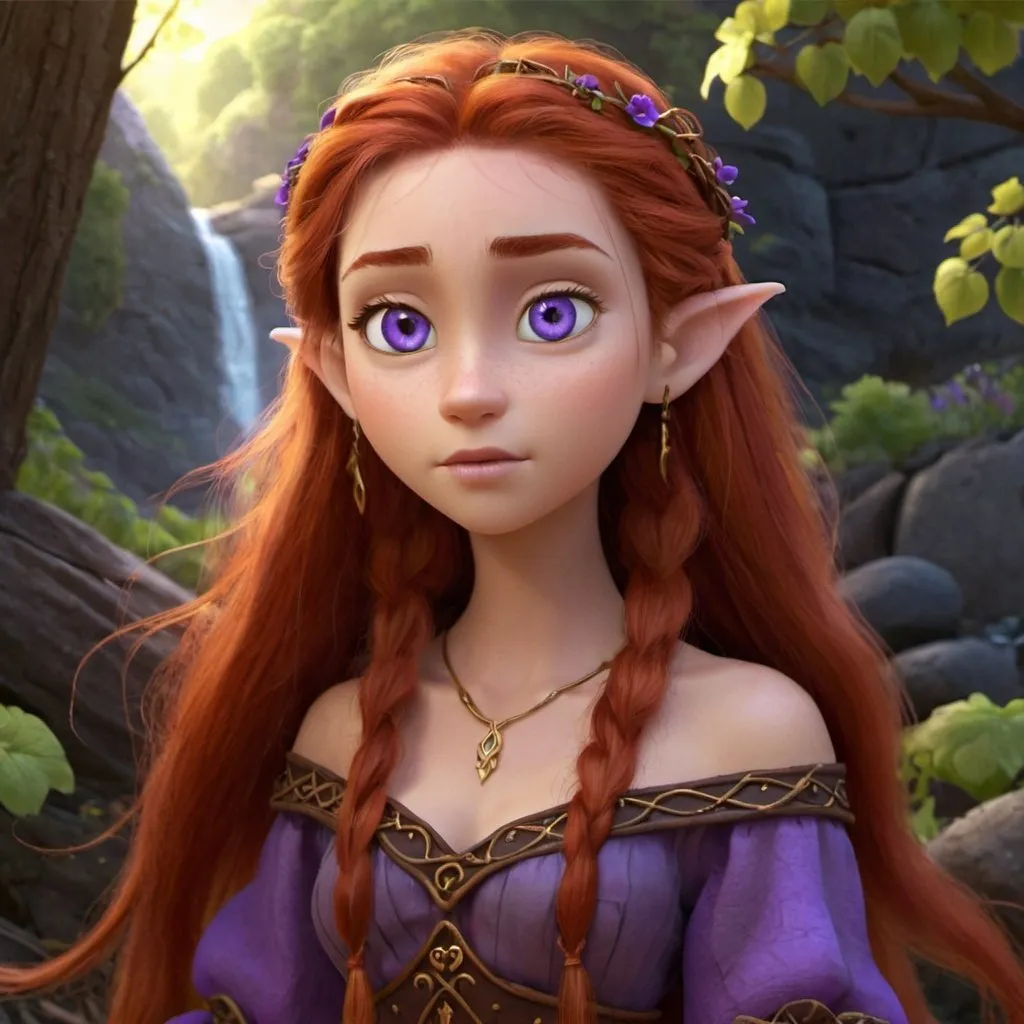 Prompt: female half elf character, she has violet eyes, she has long reddish brown wavy hair, she has tanned skin, she has black eye brows and eye lashes, She is very goddess like, fantasy character art, illustration, dnd,