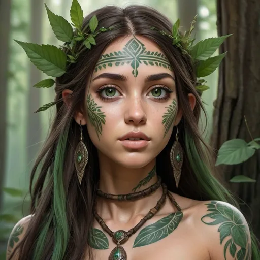 Prompt: hyper-realistic female wood nymph  character, She is very human looking but her skin is like forest bark, she has forest green colored eye, She has long straight dark brown flowing hair, The ends of her air are forest green in color, she is a goddess of earth and forest, She has green tribal tattoos all over her body ,fantasy character art, illustration, dnd,