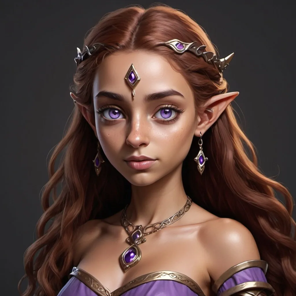 Prompt: female half elf character, she has violet eyes, she has long reddish brown wavy hair, she has tanned skin, she has black eye brows and eye lashes, She is very goddess like, fantasy character art, illustration, dnd, in 3d simpson style