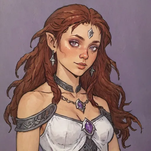 Prompt: female half elf character, she has violet eyes, she has long reddish brown wavy hair, she has tanned skin, she has black eye brows and eye lashes, She is very goddess like, fantasy character art, illustration, dnd,