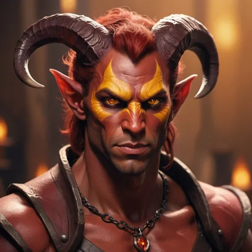Prompt: hyper-realistic male Tiefling character , he is pure evil, he has red skin, He is tall and muscular, he has bright yellow evil eyes, fantasy character art, illustration, dnd, warm tone