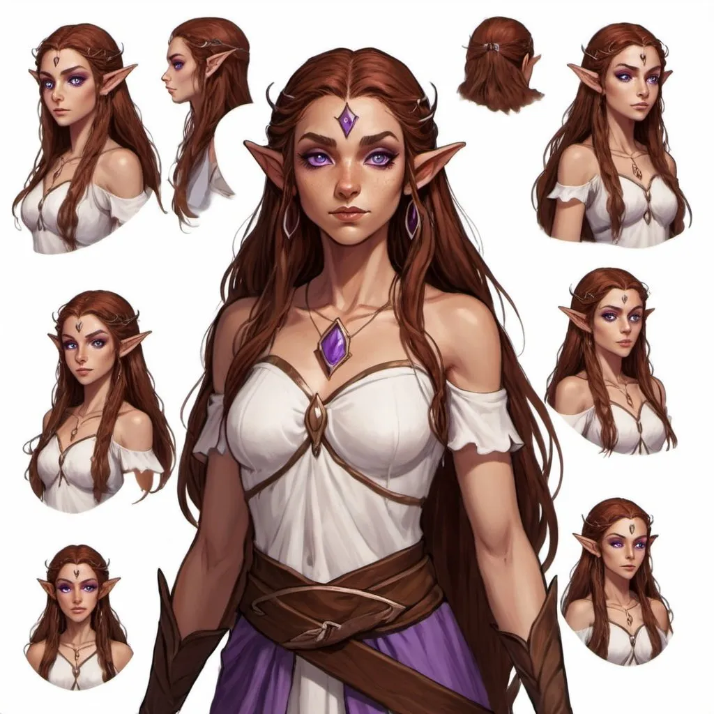 Prompt: Character design sheet female half elf character, she has violet eyes, she has long reddish brown wavy hair, she has tanned skin, she has black eye brows and eye lashes, She is very goddess like, fantasy character art, illustration, dnd,