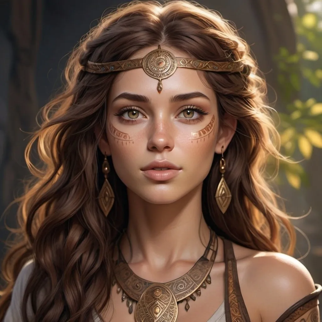 Prompt: hyper-realistic female human character, she is tall, she has long wavy dark auburn brown hair, she has hazel eyes, She has peachy skin tone, She is a goddess of light, very beautiful, she has golden tribal tattoos on her body and face, 
, fantasy character art, illustration, dnd,