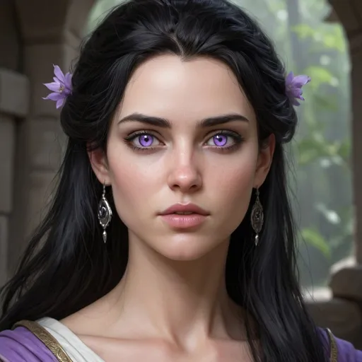 Prompt: hyper-realistic human female, Rhaenys was a great beauty.She had black hair and lilac eyes.By the time Rhaenys was fifty-five, she had a lean, lined face, and her black hair was streaked with white, fantasy character art, illustration, dnd,