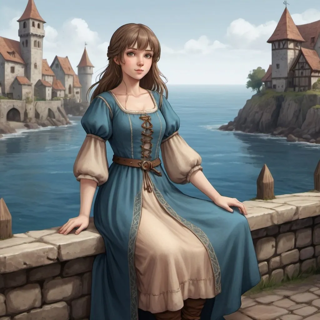 Prompt: Full body, human women. She has medium length mousy brown hair with wispy bangs. She has a very round face. She has eyes the color of the ocean. She has peachy pale skin. She is average height, she is a little over weight, not curvy, she is wearing a blue medieval peasant dress , high quality, rpg-fantasy, detailed, medieval ocean town background