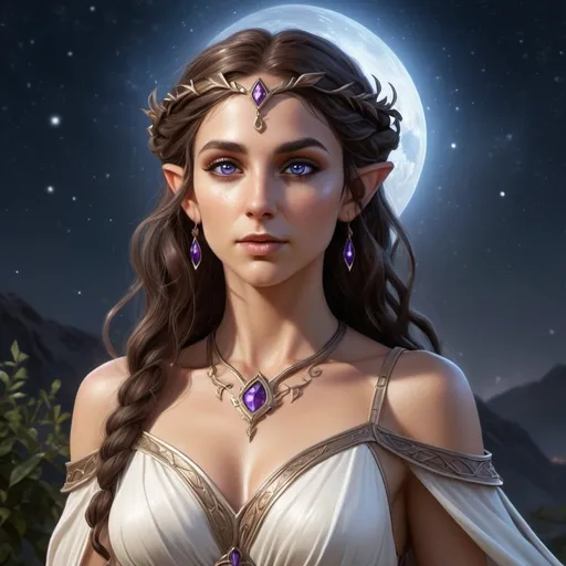 Prompt: Full body, hyper-realistic female elf character, she is a sorceress, she has violet eyes, she has long dark brown auburn wavy hair, she has tan skin, she has black eye brows and eye lashes, She is a goddess or light, she is average height with an hour glass body shape, she is wearing a white grecian goddess like gown, a bright light emanates around her, high quality, rpg-fantasy, detailed, night sky background