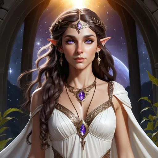 Prompt: Full body, hyper-realistic female elf character, she is a sorceress, she has violet eyes, she has long dark brown auburn wavy hair, she has tan skin, she has black eye brows and eye lashes, She is a goddess or light, she is average height with an hour glass body shape, she is wearing a white grecian goddess like gown, a bright light emanates around her, high quality, rpg-fantasy, detailed, night sky background