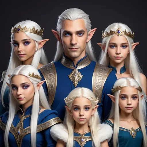 Prompt: hyper-realistic elf family, there are 3 eleven men, there are 4 elven women, there are 4 eleven young boys, there are 6 elven young girls. The entire family has long to medium length silver blonde straight hair. They have darker tanned skin tone. They all have violet eyes, Their family crest is a sea serpent, they wear blue and crown colored clothes,  fantasy character art, illustration, dnd, 