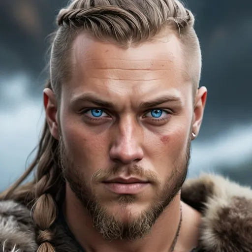 Prompt: hyper-realistic human male, he is a viking, looks like Ragnar Lothbrok, he has dark chocolate cherry hair, he has bright blue eyes, fantasy character art, illustration, dnd, 