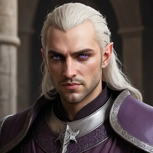 Prompt: hyper-realistic human male, Daemon Targaryen was described by Maester Yandel as dashing, daring, and dangerous, but mercurial and quick to take offense. Archmaester Gyldayn wrote that Daemon was ambitious, impetuous, and moody, as charming as he was hot-tempered, he has violet eye, He has silver blonde hair, fantasy character art, illustration, dnd,