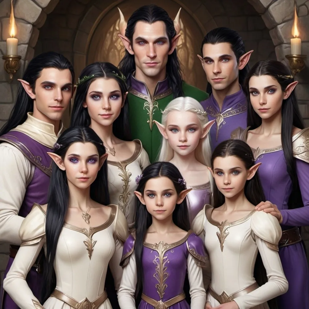 Prompt: hyper-realistic elf family, there are 2 eleven men, there are 2 elven women, there are 6 eleven young boys, there are 4 elevn young girls. The entire family has long straight black hair. They all have pale ivory skin tone. They all have violet eyes, Their family crest is an unicorn,  fantasy character art, illustration, dnd, 