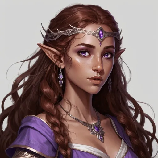 Prompt: female half elf character, she has violet eyes, she has long reddish brown wavy hair, she has tanned skin, she has black eye brows and eye lashes, She is very goddess like, fantasy character art, illustration, dnd,
