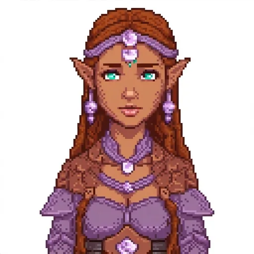 Prompt: female half elf character, she has violet eyes, she has long reddish brown wavy hair, she has tanned skin, she has black eye brows and eye lashes, She is very goddess like, fantasy character art, illustration, dnd,